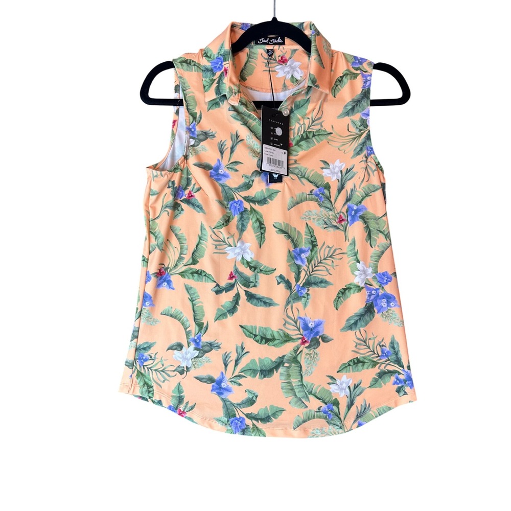 Bad Birdie Flora Fiesta Sleeveless Golf Polo Orange Floral BBWP001-684 Mens M
